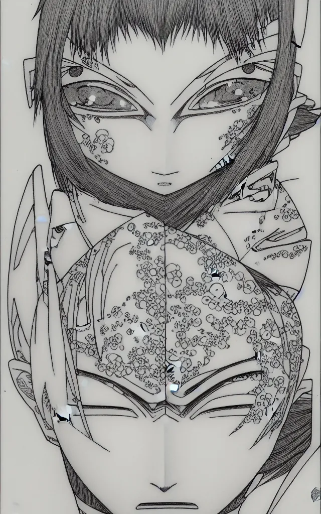 Image similar to prompt: Fragile looking face drawn by Takato Yamamoto, ceramic looking face, cyber parts, inspired by Naruto and Bandai Namco, clean ink detailed line drawing, intricate detail drawing, manga 1990