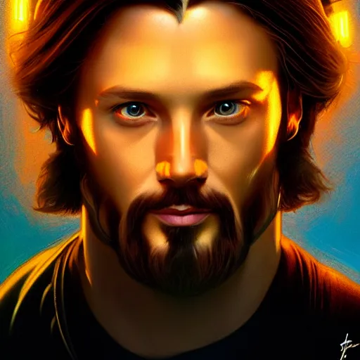 Image similar to portrait of tron legacy jesus, hyper realistic, concept art, intricate, hyper detailed, smooth, illustration. artstation, rutkowski, gurney, alphonse mucha