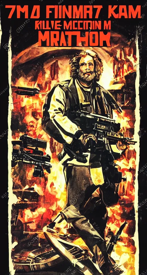 Prompt: very detailed 70s action movie poster with one Karl Marx with a machine gun, drawing 4k, grainy picture cinematic dramatic light