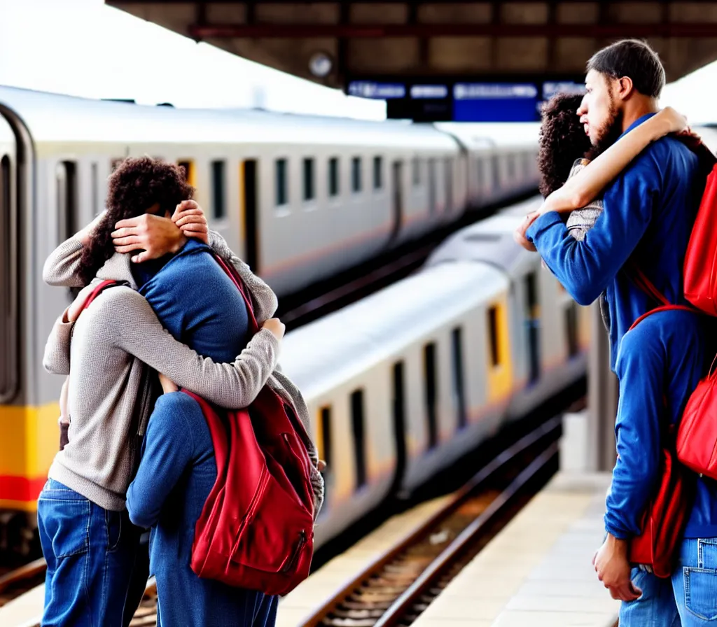 Prompt: A man and a woman wait for a train with heaps of baggage, on a platform back to the camera, hugging, trains in the background, morning hard light, photorealistic, high quality photography