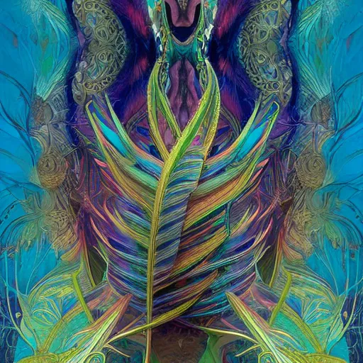 Prompt: Areality bending psychedelic ayahuasca experience, colorful, distorted, surreal, tropical bird feathers, dramatic lighting on the face, intricate, elegant, highly detailed, digital painting, concept art, smooth, sharp focus, illustration, art by Krenz Cushart and Wayne Barlowe and alphonse mucha