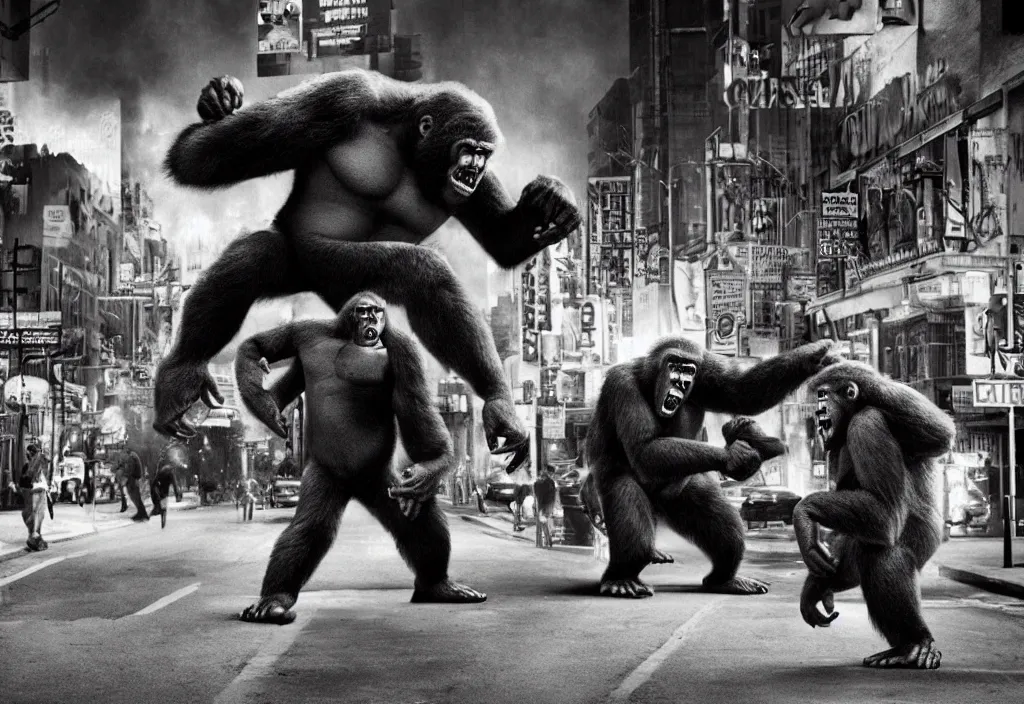 Image similar to An king Kong rage on street, Hollywood scene , cinematic , full color