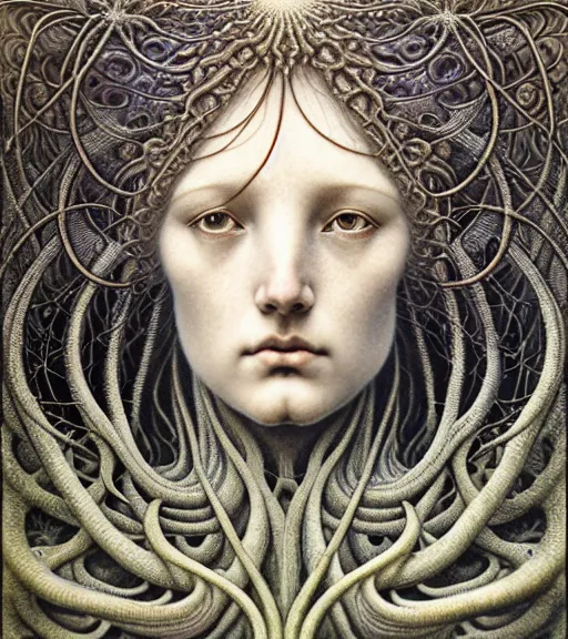 Image similar to detailed realistic beautiful tidepool goddess face portrait by jean delville, gustave dore, iris van herpen and marco mazzoni, art forms of nature by ernst haeckel, art nouveau, symbolist, visionary, gothic, neo - gothic, pre - raphaelite, fractal lace, intricate alien botanicals, ai biodiversity, surreality, hyperdetailed ultrasharp octane render