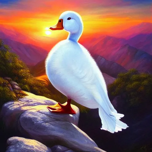 Prompt: extremely beautiful painting of a white duck in a sunset on a mountain, dynamic composition, dramatic lighting, stylized portrait, painting by artgerm, dungeons and dragons, visible brush strokes, trending golden color scheme