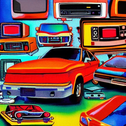 Image similar to array of crt televisions made out of cars, hot wheel collection, tv static, blob, technology, antenna, stacked, junkyard, polaroid, steroids, adult video store, impressionist painting, painting, acrylic painting, cell shaded