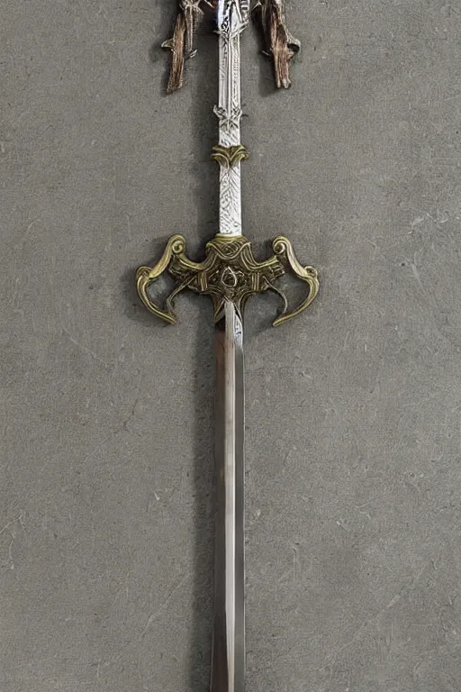 Image similar to sword of justice hanging on a wall, ornate gem in pommel, engraved blade, above a table