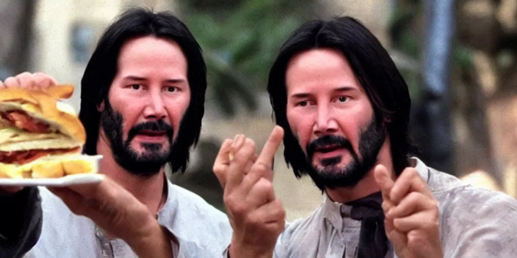Prompt: hungry-looking Keanu Reeves handing half a sandwich to Jesus