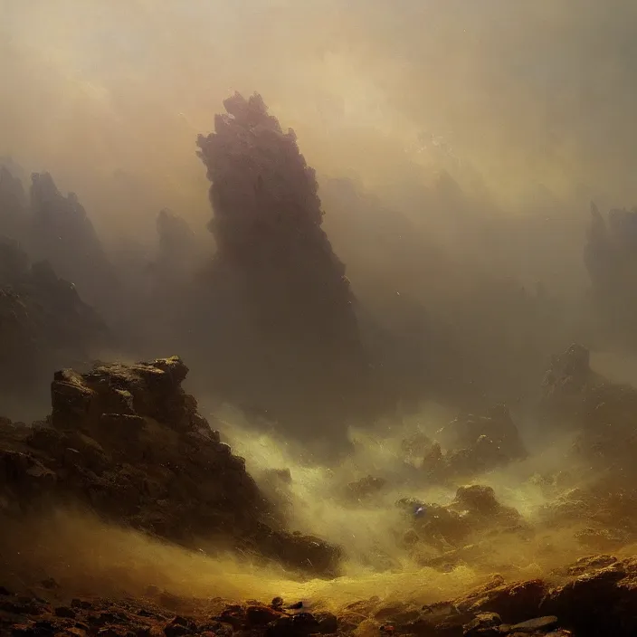 Prompt: a beautiful oil painting of a wasteland by ivan aivazovsky and greg rutkowski and james gurney and frank lloyd and sung choi, in style of impressionnisme. hyper detailed, sharp focus, soft light. unreal engine 5 lumen. ray tracing. trending on artstation. oil on canvas