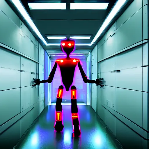 Image similar to futuristic humanoid robot in a containment facility, photorealistic, neon lights,