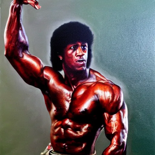 Image similar to rambo, 1 9 8 6, bill cosby, muscular, defined, shouting, oil on canvas octane render