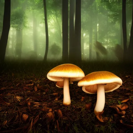 Prompt: glowing mushrooms in magical forrest, dark atmosphere, soft lighting, high detail, 8 k
