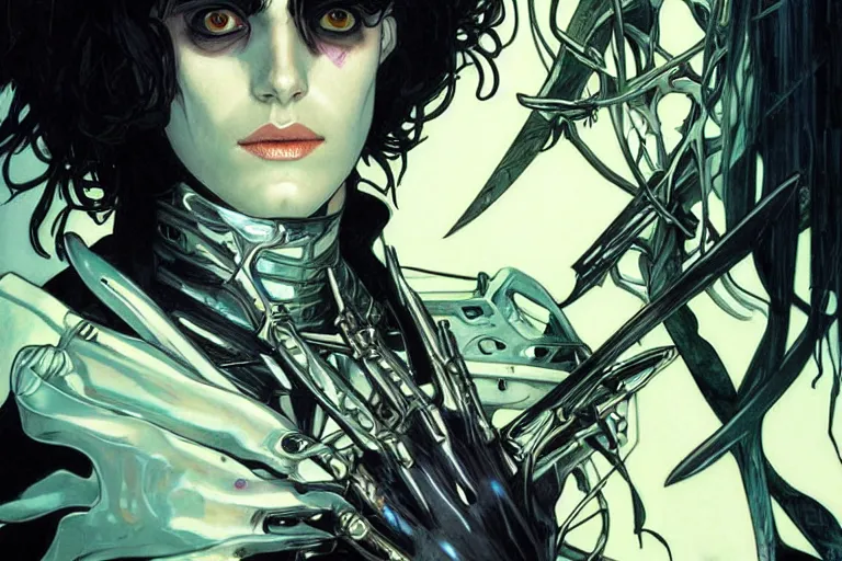 Prompt: comic book illustration, portrait of Edward Scissorhands, cyberpunk concept art by artgerm and Alphonse Mucha and Moebius, highly detailed, intricate, sci-fi, sharp focus, Trending on Artstation HQ, deviantart