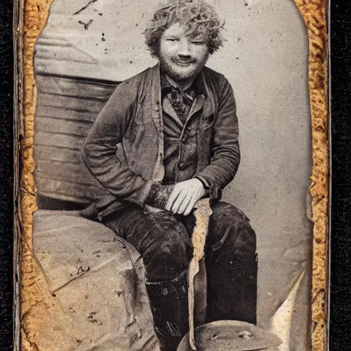 Image similar to daguerreotype ambrotype of scruffy - looking old ed sheeran in a dirty mining uniform, highly detailed,