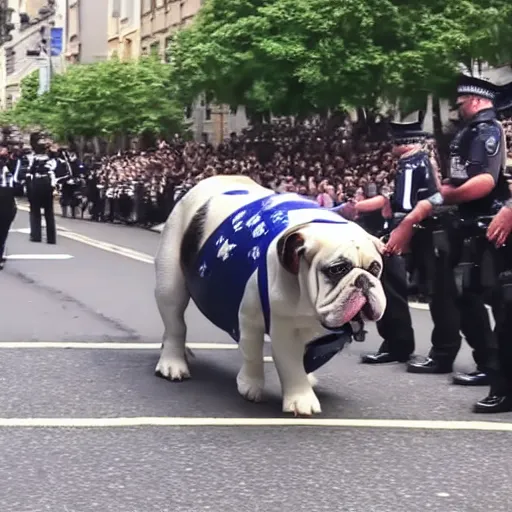 Image similar to giant english bulldog with police escort at parade, live footage, 4 k