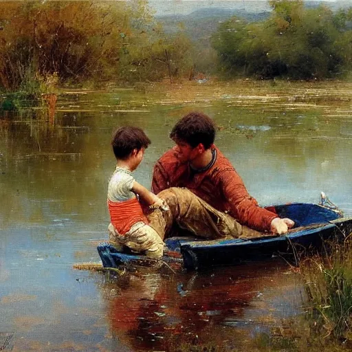 Image similar to painting of dad and son thinking together in boot on a calm lake, by pino daeni