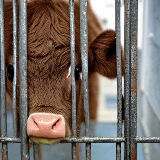 Prompt: cute calf dressed as an inmate behind bars