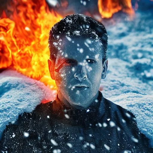 Image similar to man of fire on a snowy biome slowly melting snows, heatwave, 4 k photoshop, photorealistic, 1 0 0 m, sharp focus, bokeh, movie shot, cinematic perspective, studio shot