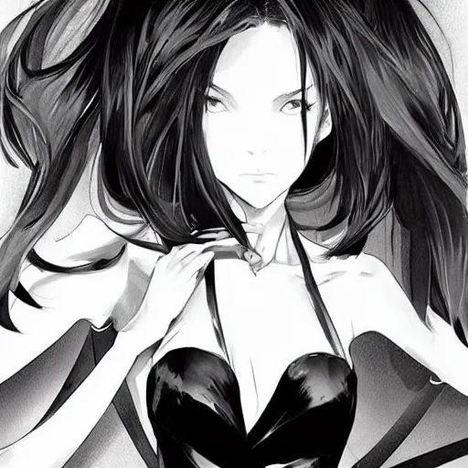 Image similar to slim beautiful killer girl in tuxedo with black wavy bob hair, elegant, 2d, ultra highly detailed, digital painting, smooth, sharp focus, artstation, black and white art by Tsutomu Nihei