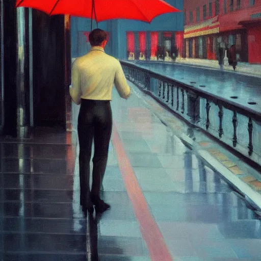 Prompt: man dancing in the rain, edward hopper, hajime sorayama, trending on artstation,