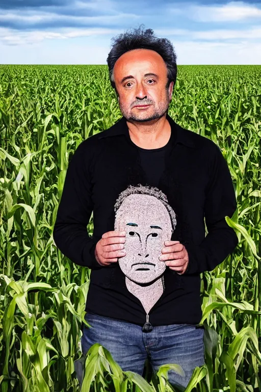 Prompt: Giorgio A. Tsoukalos, abducted by an alien space ship in a corn field