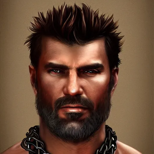 Prompt: realistic head portrait, 30 year old man, Spain :: athletic, angered, short black hair :: chain mail :: high detail, digital art, RPG, concept art, illustration