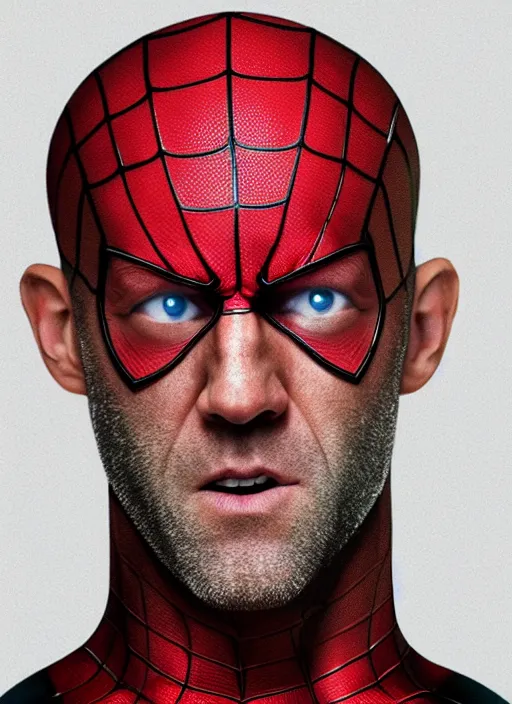 Image similar to portrait of jason statham as spiderman, by charlotte grimm, natural light, detailed face, beautiful features, symmetrical, canon eos c 3 0 0, ƒ 1. 8, 3 5 mm, 8 k, medium - format print, half body shot