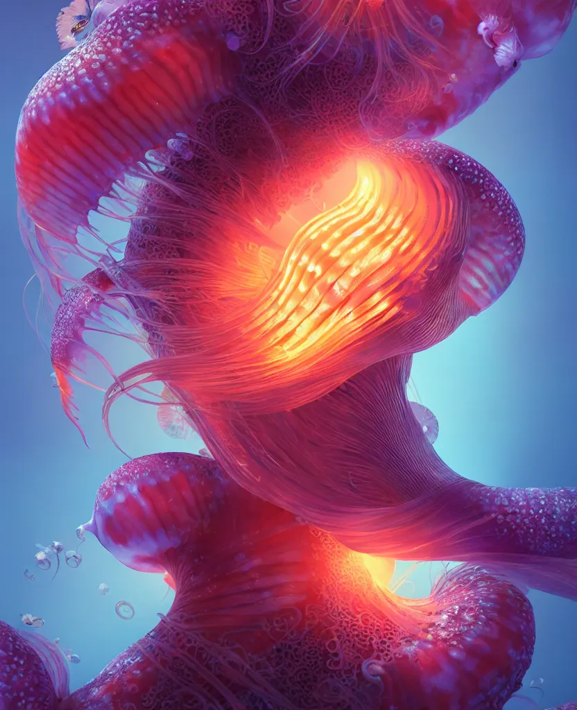 Image similar to goddess close-up portrait. jellyfish phoenix head, nautilus, orchid, skull, betta fish, bioluminiscent creatures, intricate artwork by Tooth Wu and wlop and beeple. octane render, trending on artstation, greg rutkowski very coherent symmetrical artwork. cinematic, hyper realism, high detail, octane render, 8k