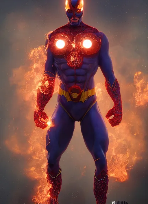 Image similar to 6 - armed superhero with fire coming out of his hair, hyper detailed, digital art, trending in artstation, cinematic lighting, studio quality, smooth render, unreal engine 5 rendered, octane rendered, art style by klimt and nixeu and ian sprigger and wlop and krenz cushart.