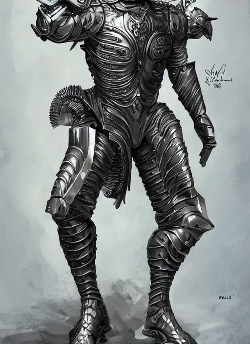 Image similar to powerful male tin man, willem dafoe as tinman, full body character concept, covered in full metal armor, plating, art nouveau, super powers, fantasy, intricate, elegant, highly detailed, digital painting, artstation, concept art, shining, sharp focus, illustration, art by stanley lau