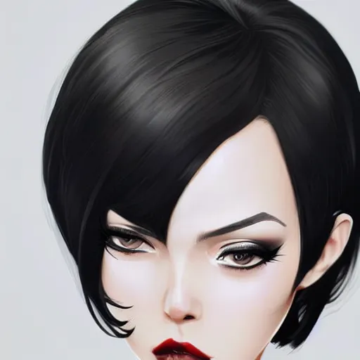 Image similar to slim cruel business girl in tuxedo with black bob hair, elegant, 2d, ultra highly detailed, digital painting, smooth, sharp focus, artstation, art by Ilya Kuvshinov