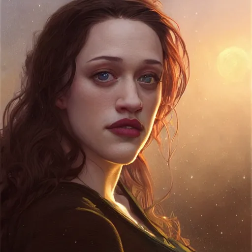 Image similar to Hyper realistic detailed portrait of Kat Dennings, Stephen Bliss, unreal engine, fantasy art by Greg Rutkowski, Loish, Rhads, ferdinand knab, Makoto Shinkai and Lois van baarle, ilya kuvshinov, rossdraws, Tom Bagshaw, alphonse mucha, global illumination, radiant light, detailed and intricate environment, highly detailed, award winning art
