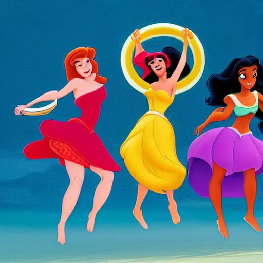 Prompt: disney princesses raya, ariel, and tiana, all playing with hula hoops on the beach, disney style digital art, high quality, 4 k