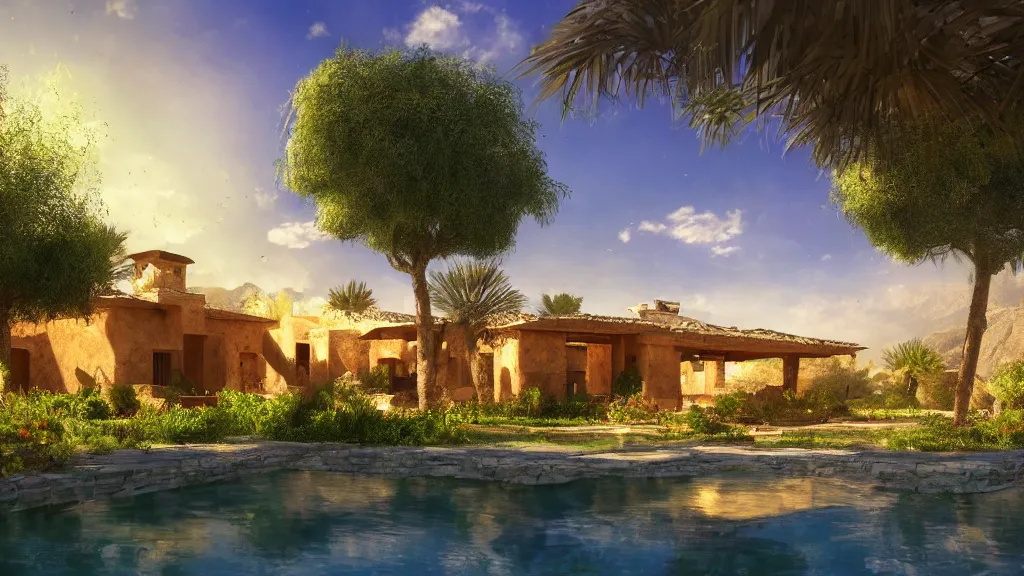 Prompt: adobe villa with large rectangle swimming pool surrounded by lemon trees in the desert, game of thrones, volumetric lighting, fantasy artwork, very beautiful scenery, very realistic painting effect, hd, hdr, cinematic 4 k wallpaper, 8 k, ultra detailed, high resolution, artstation