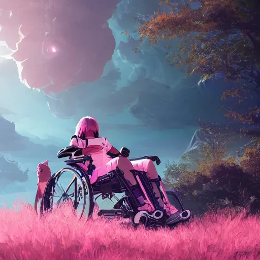 Prompt: concept art by Neil Blevins, James Paick, Natasha Tan Maciej Kuciara, highly detailed, ultra realistic wheelchair user man and anime girl kissing a clearing with pink grass and a river long-range plan cinematic lighting