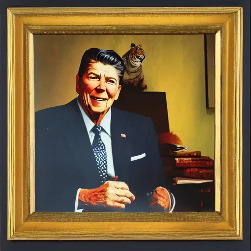 Image similar to [ ronald reagan sitting in chair with a tiger lying at his feet ]