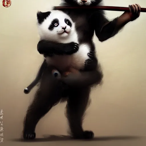 Prompt: cute kitten with panda body and cat face, in a kimono, holds a sword, by greg rutkowski, highly detailed, 4 k