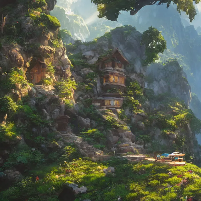 Image similar to secret overwatch living quarters carved inside a mountain surrounding a lush garden, trimmed, magical, natural light, cozy, fantasy, minimalist architecture, sharp focus, concept art, by greg rutkowski and craig mullins,, octane render 8 k