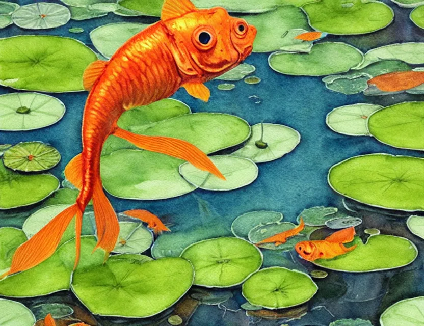 Prompt: bent goldfish in a pond of lilypads the beloved children's book illustrator has a beautiful composition, interesting color scheme and intricate details, watercolor