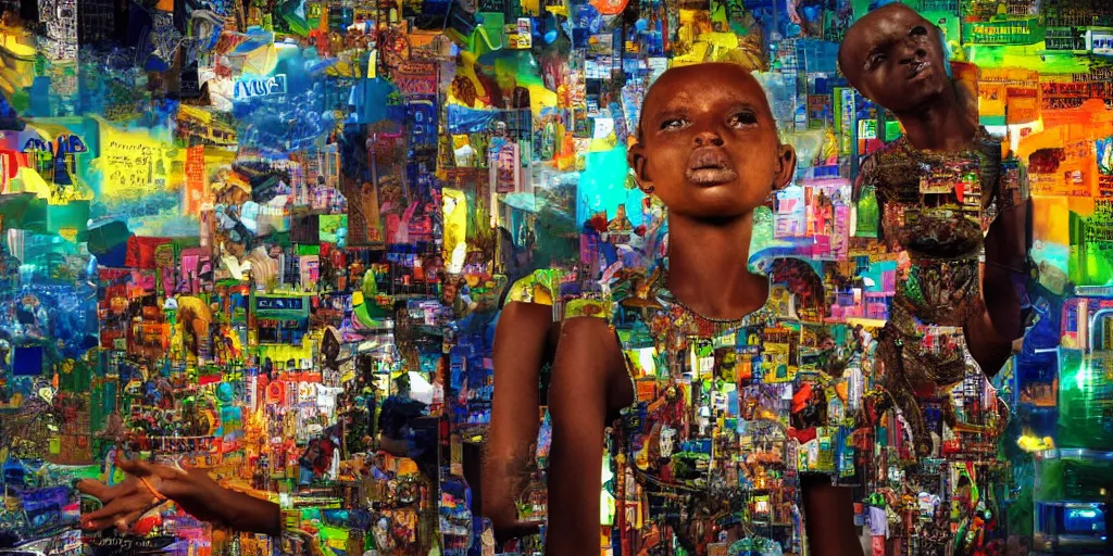 Image similar to ROBOT of AJEGUNLE SLUMS of Lagos inside African JESUS CHRIST about BEAUTY surrounding large UFO within NEON rays of light, magazine collage,