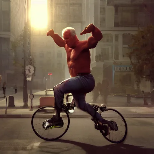 Image similar to Hyper realistic portrait of an action shot freeze frame of the notorious cyborg known as Joe Biden falling off a bike, Cinematic lighting, ultra super good realistic 3D render by Ruan Jia and Mandy Jurgens and Artgerm and william-adolphe bouguereau and Gerald Brom and James Jean, Trending on Artstation, 8k, post processing, sharp focus