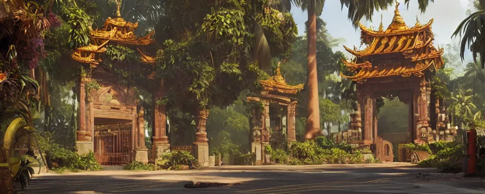 Prompt: a beautiful detailed architecture oil painting of ancient ornamental gate and infrastructure with temple in the middle of tropical jungle cinematic landscape by alejandro burdisio, by greg tocchini, by james gilleard, by joe gb fenton, by kaethe butcher, dynamic lighting, vibrant, clean, grunge aesthetic, octane render, artstation