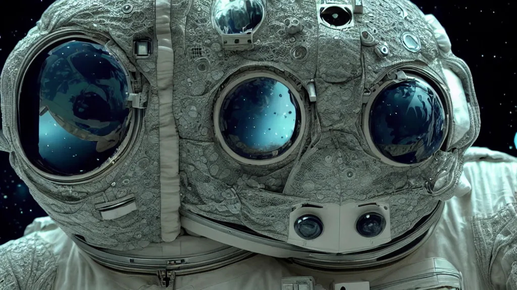 Image similar to a astronaut eva suit covered in diamond 3d fractal lace iridescent bubble 3d skin and covered with insectoid compound eye camera lenses floats through the living room, film still from the movie directed by Denis Villeneuve with art direction by Salvador Dalí, wide lens,