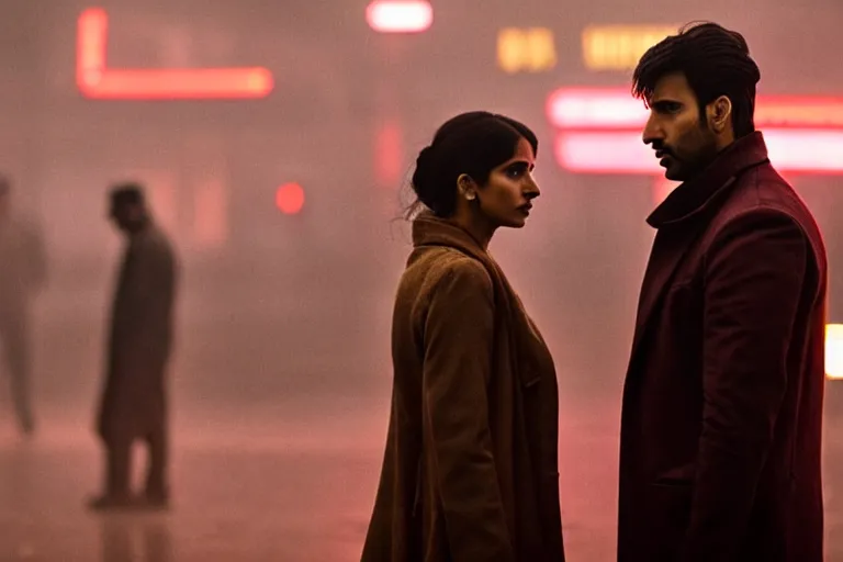 Image similar to film still of closeup beautiful model indian couple in blade runner 2 0 4 9, train station, cinematic, moody, gritty neon noir by emmanuel lubezki