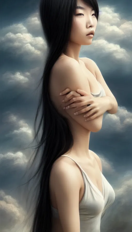 Image similar to photo of a gorgeous young asian girl , searching for eternity, made of clouds, duality in the style of stefan kostic, hyper realistic, sharp focus, 8k high definition, high fashion, vogue, insanely detailed, intricate, elegant, art by stanley lau and artgerm