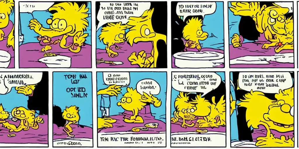 Image similar to charles manson slipping on a banana peel, 3 panel garfield comic strip by jim davis