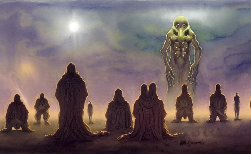 Image similar to a hyperrealist watercolour character concept art portrait of a group of pagan men kneeling down in prayer to a tall elegant lovecraftian alien on a misty night on the moors of ireland. a battlecruiser starship is in the background. by rebecca guay, michael kaluta, charles vess and jean moebius giraud