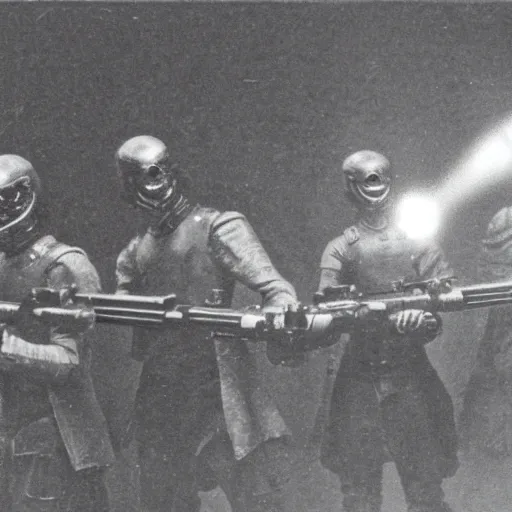 Image similar to grainy 1800s photo of a cybernetic warriors shooting humans with laser weapons in a smoky city