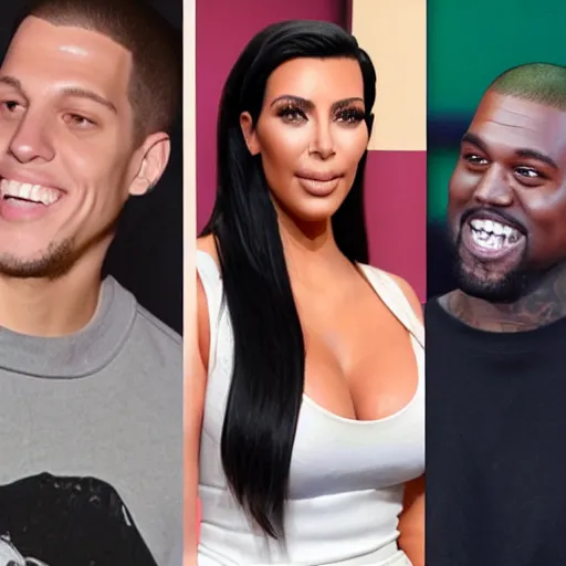 Image similar to kim kardashian and pete davidson pointing and laughing at kanye west, in the style of oil on canvas,