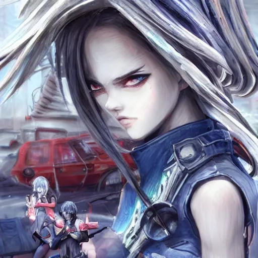 Prompt: dynamic composition, motion, ultra-detailed, incredibly detailed, a lot of details, amazing fine details and brush strokes, colorful and grayish palette, smooth, HD semirealistic anime CG concept art digital painting, watercolor oil painting of Clean and detailed post-cyberpunk sci-fi close-up cyborg vampire girl in asian city in style of cytus and deemo, blue flame, relaxing, calm and mysterious vibes,, by a Chinese artist at ArtStation, by Huang Guangjian, Fenghua Zhong, Ruan Jia, Xin Jin and Wei Chang. Realistic artwork of a Chinese videogame, gradients, gentle an harmonic grayish colors. set in half-life 2, Matrix, GITS, Blade Runner, Neotokyo Source, Syndicate(2012), dynamic composition, beautiful with eerie vibes, very inspirational, very stylish, with gradients, surrealistic, dystopia, postapocalyptic vibes, depth of field, mist, rich cinematic atmosphere, perfect digital art, mystical journey in strange world