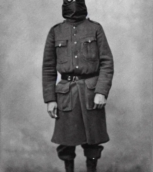 Image similar to full body portrait of a man at distance wearing hooded beaked mask covering his entire face, ww1 film photo, grainy, high detail, high resolution